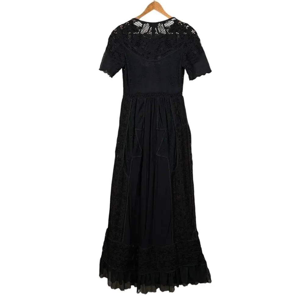 Free People Tulip Maxi Dress Black Lace Mesh Boho Victorian Romantic Goth XS
